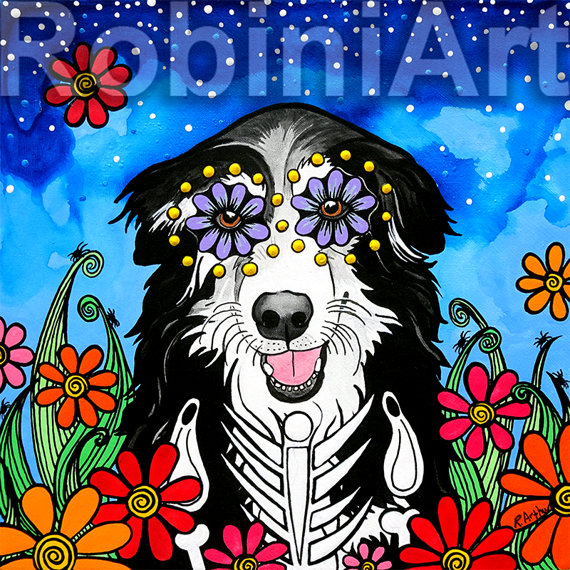 Dog with vibrant flowers and stars