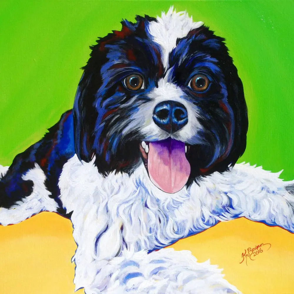 Colorful dog painting with green background