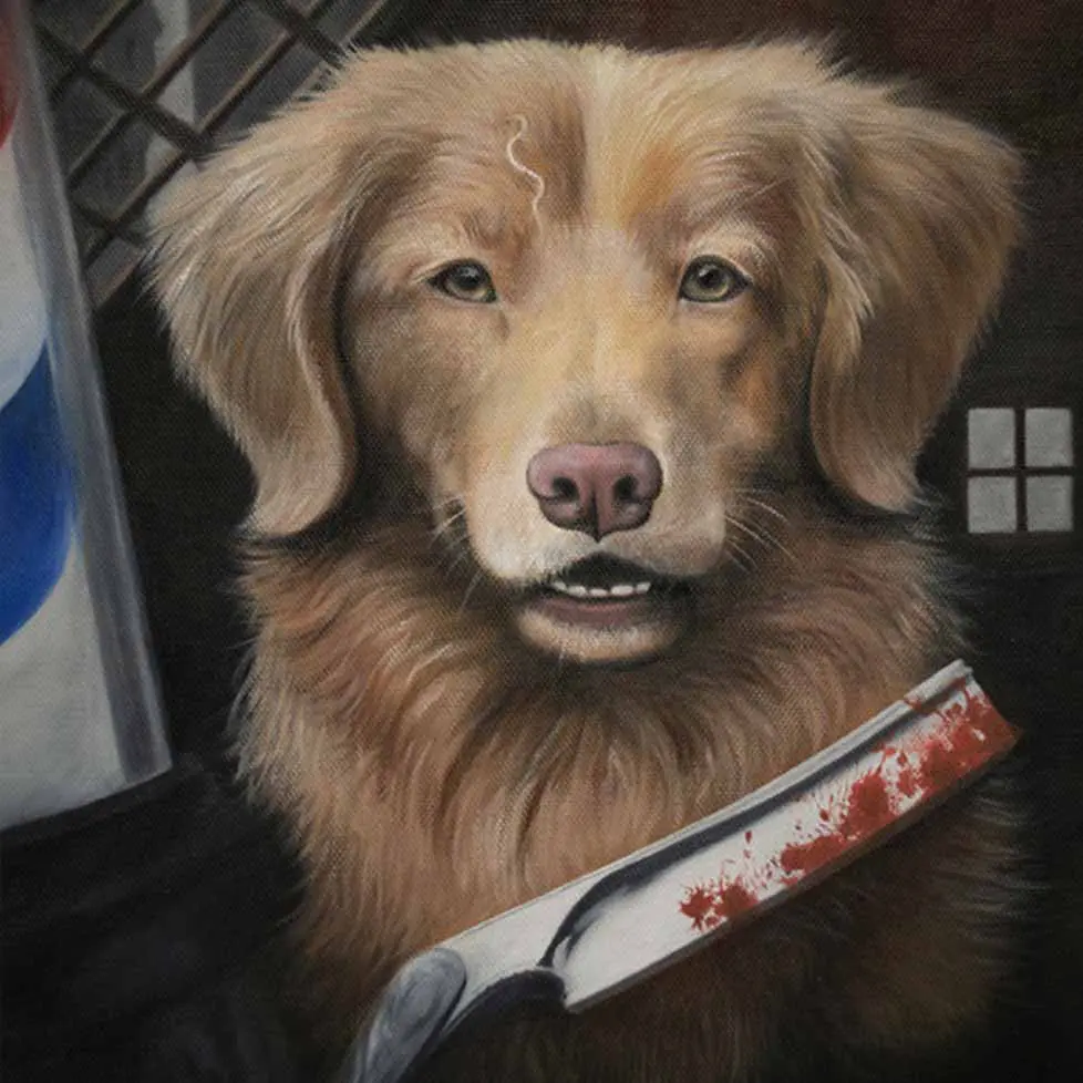 Dog holding bloody knife in mouth