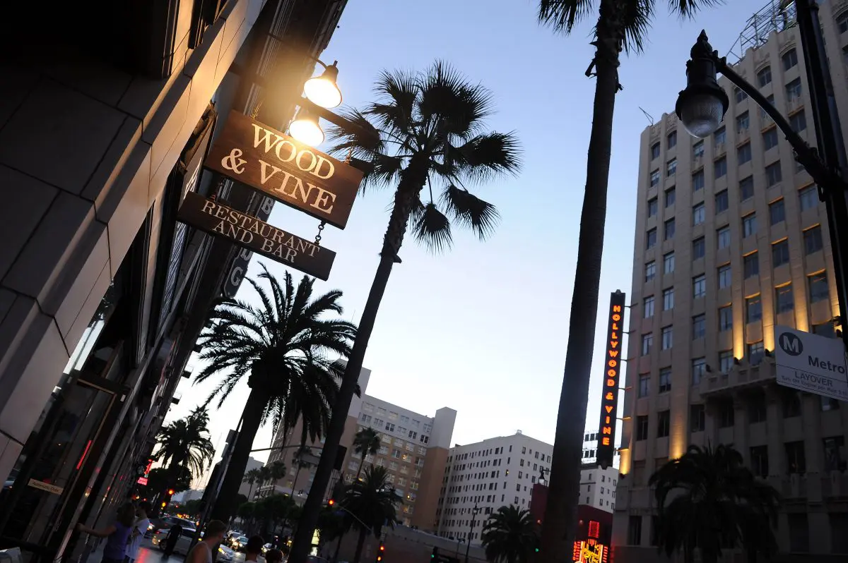 Evening cityscape with illuminated signs